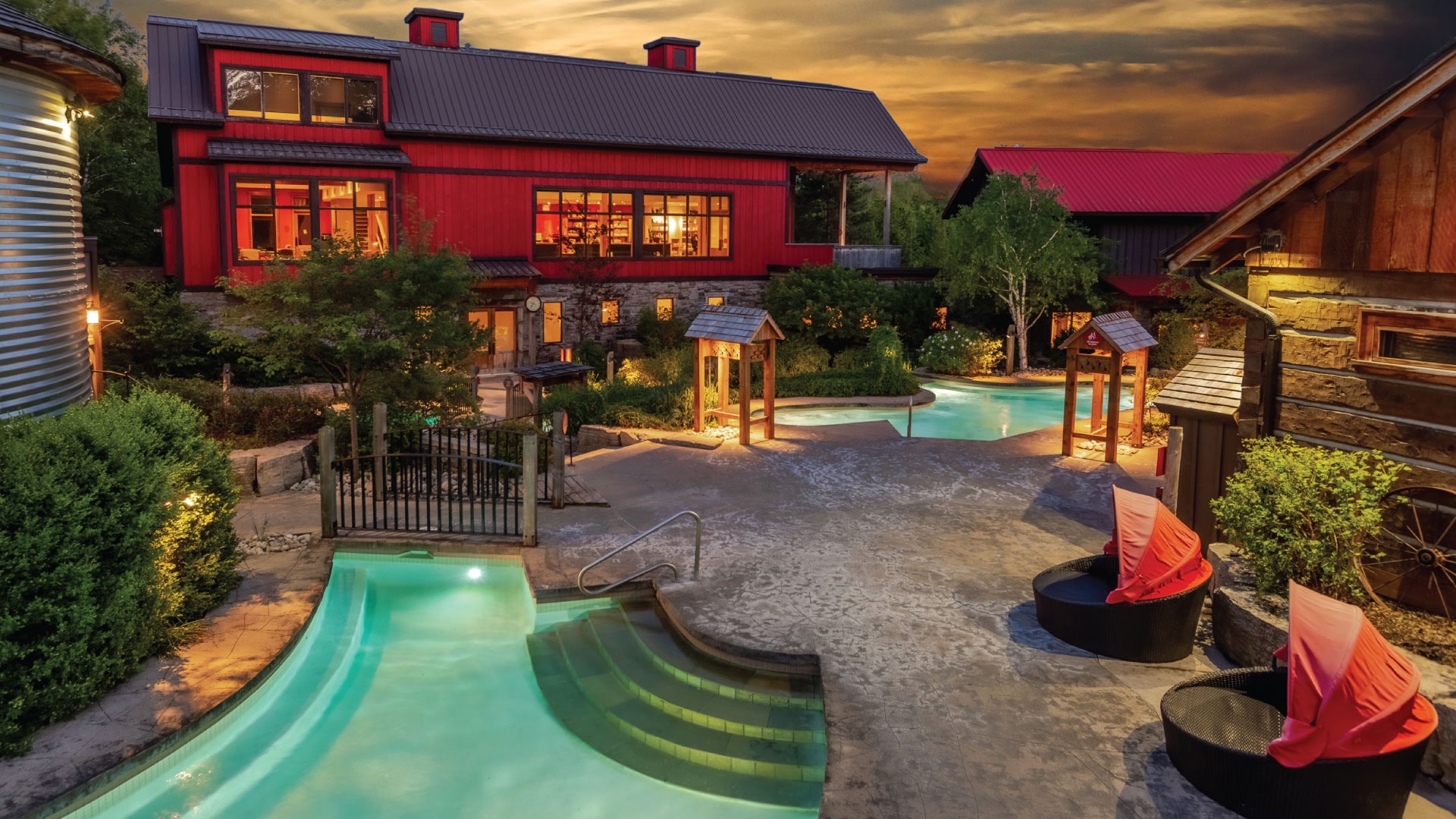 Scandinave Spa Blue Mountain, Summer Night, Spas of America Scandinave Spa Blue Mountain, Summer Night, Spas of America